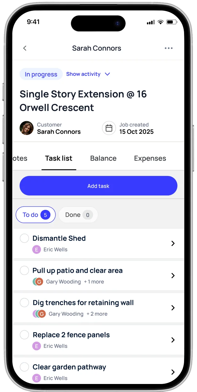 Job details with customer information and task list